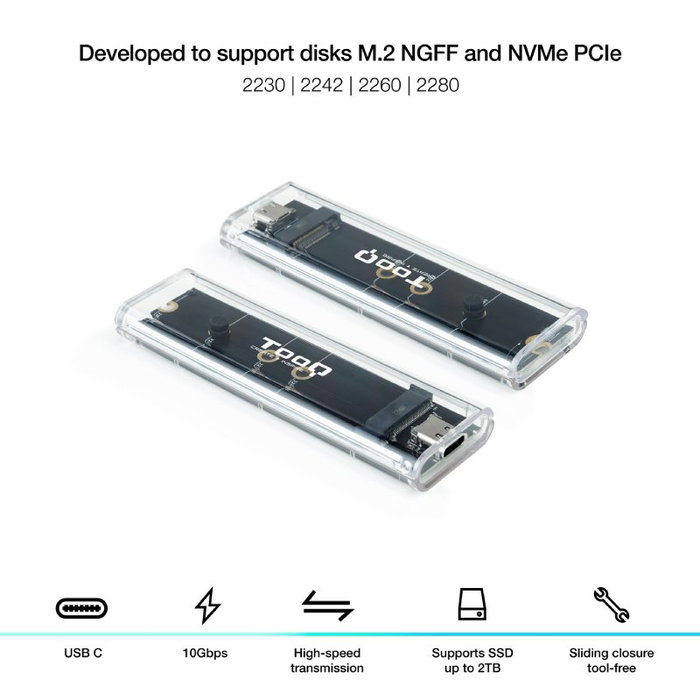 CAJA EXTERNA SSD M.2 NGFF/NVMe TRANSPARENTE RGB TOOQ